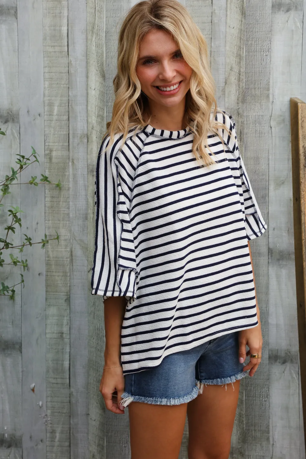 Casual Chic Cotton Navy & Cream Stripe Raglan 3/4 Sleeve Pullover sold by Charming Charlie product image thumbnail 5