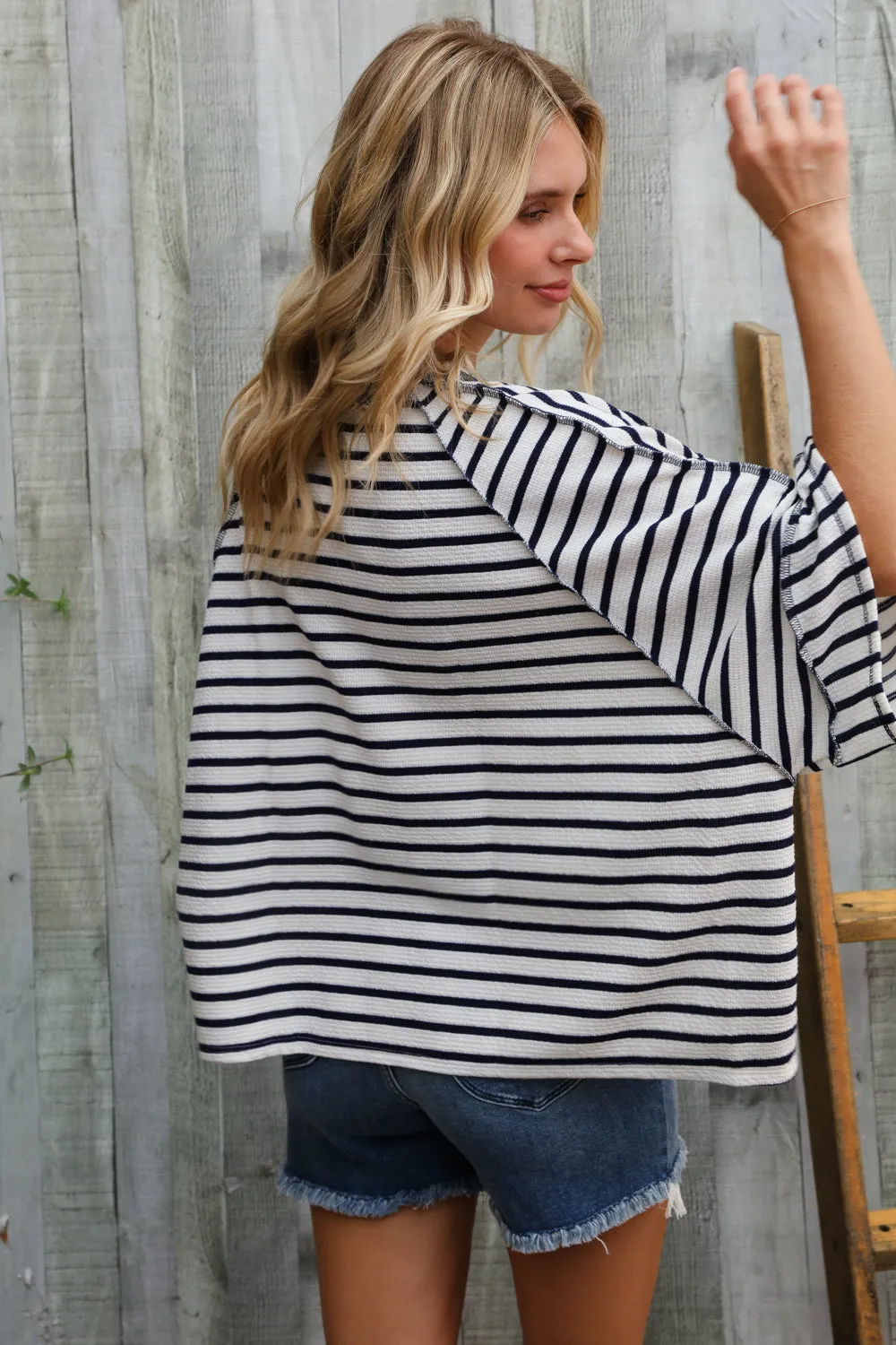 Casual Chic Cotton Navy & Cream Stripe Raglan 3/4 Sleeve Pullover sold by Charming Charlie product image thumbnail 2