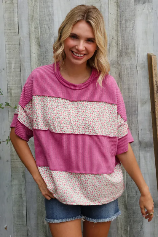 Weekend Ready Fuchsia Floral Wavy Rib Outseam Stitch Pullover sold by Charming Charlie