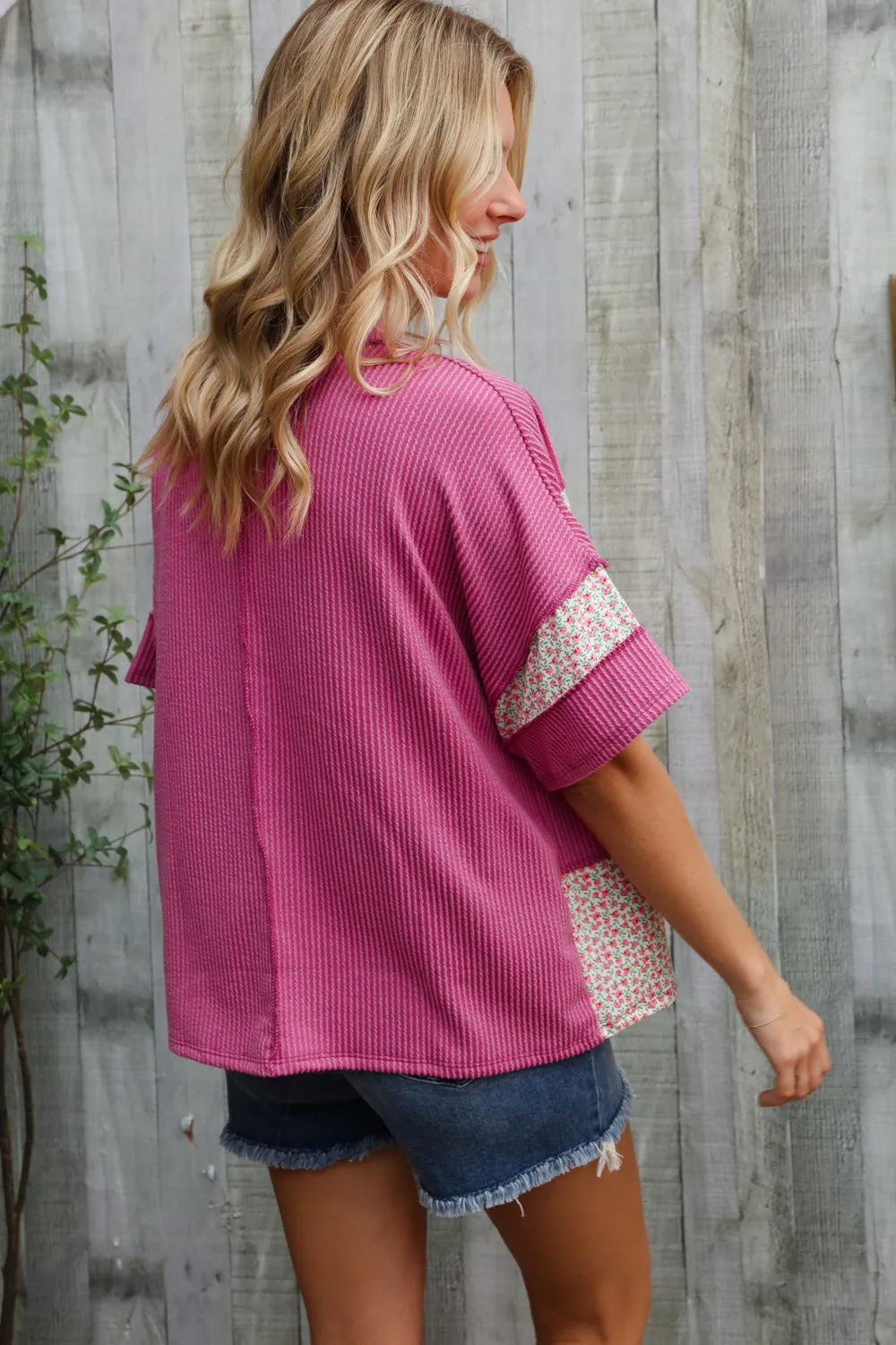 Weekend Ready Fuchsia Floral Wavy Rib Outseam Stitch Pullover sold by Charming Charlie product image thumbnail 2