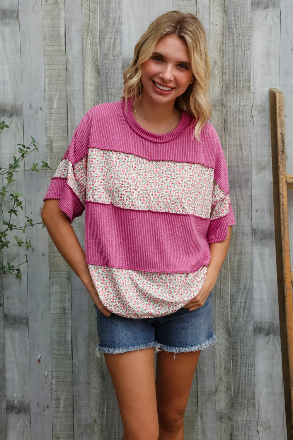 Weekend Ready Fuchsia Floral Wavy Rib Outseam Stitch Pullover sold by Charming Charlie product image thumbnail 5