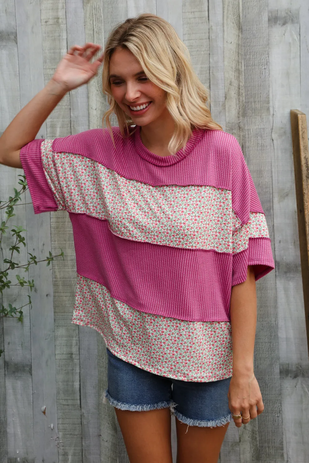 Weekend Ready Fuchsia Floral Wavy Rib Outseam Stitch Pullover sold by Charming Charlie product image thumbnail 3