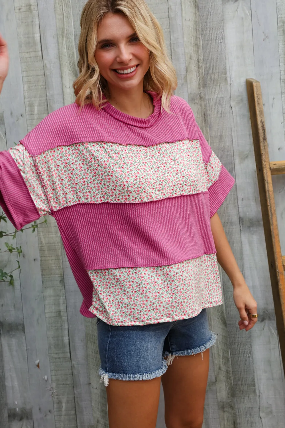 Weekend Ready Fuchsia Floral Wavy Rib Outseam Stitch Pullover sold by Charming Charlie product image thumbnail 4