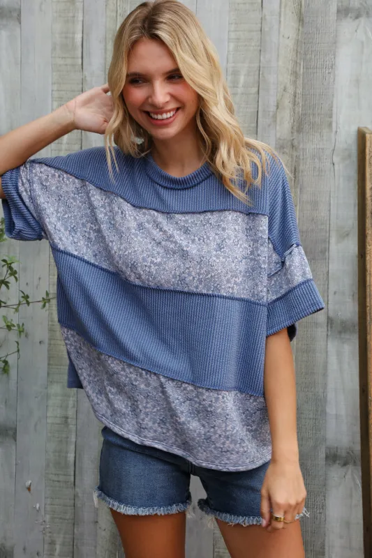 Weekend Ready Denim Floral Wavy Rib Outseam Stitch Pullover sold by Charming Charlie