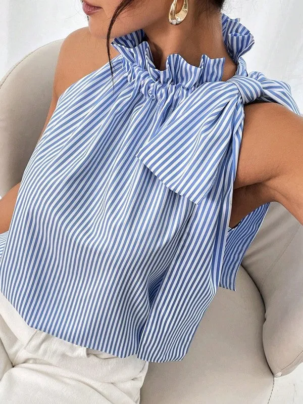 Blue Striped Frill Neck Tie Knot Sleeveless Top sold by Charming Charlie