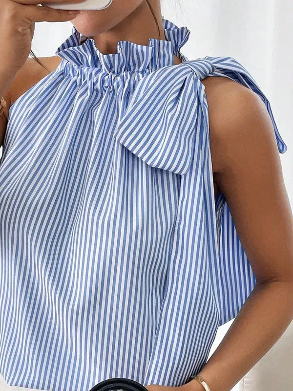 Blue Striped Frill Neck Tie Knot Sleeveless Top sold by Charming Charlie product image thumbnail 4