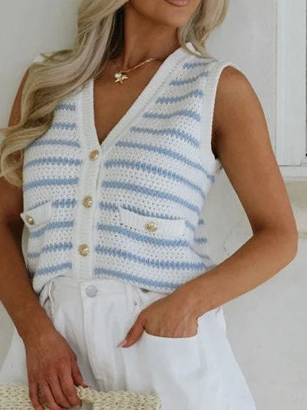 Cotton Blue Striped V Neck Button Knit Vest sold by Charming Charlie