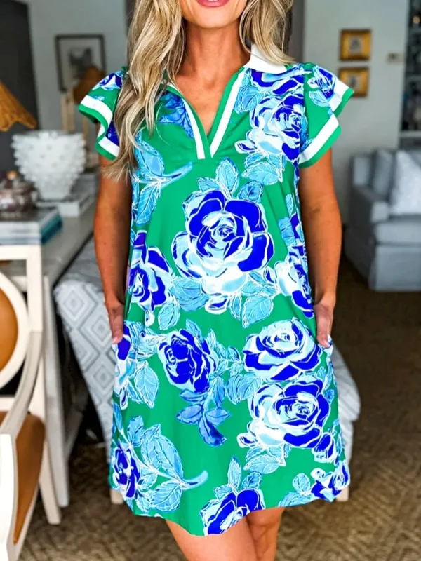 Green Floral Ruffle Puff Sleeve Neckline Dress sold by Charming Charlie