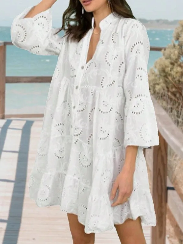 Cotton Embroidered Hollow Tiered Button Dress sold by Charming Charlie