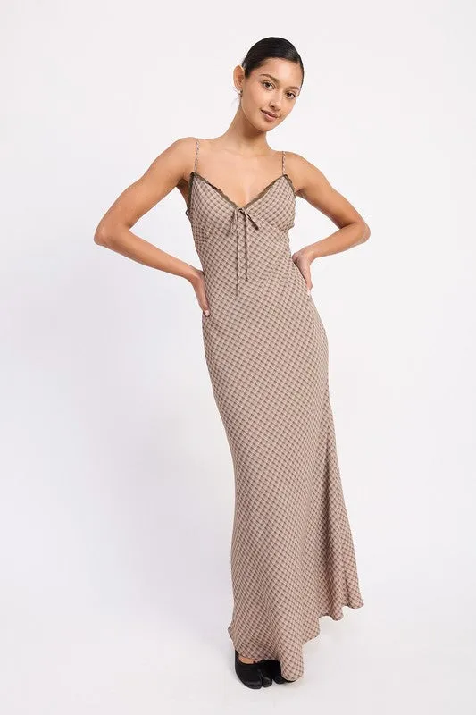 BIAS CUT FLARED MAXI DRESS WITH LACE TRIM sold by Charming Charlie