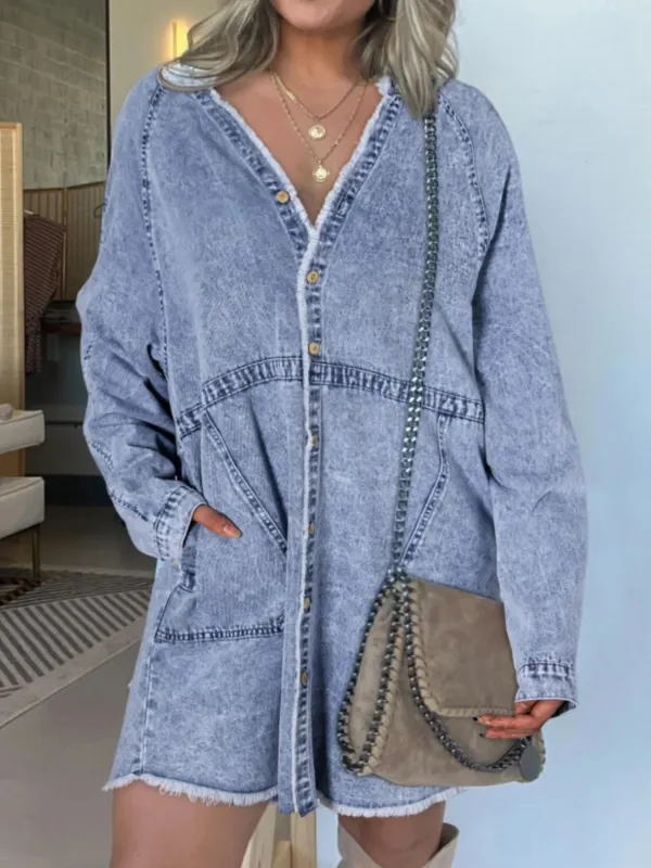 Full Size Button-Front Long Sleeve Denim Shirt Dress Plus Size sold by Charming Charlie