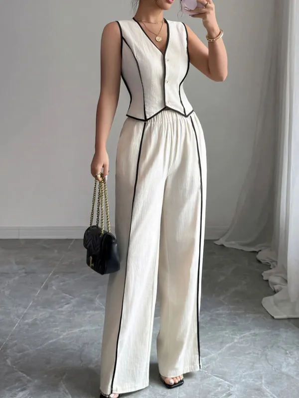 Contrast Trim V-Neck Vest and Pants Set made by Trendsi