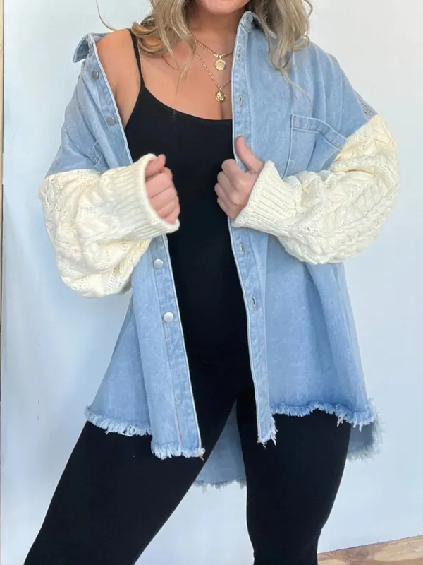 Full Size Raw Hem Button Up Patchwork Denim Jacket Plus Size sold by Charming Charlie