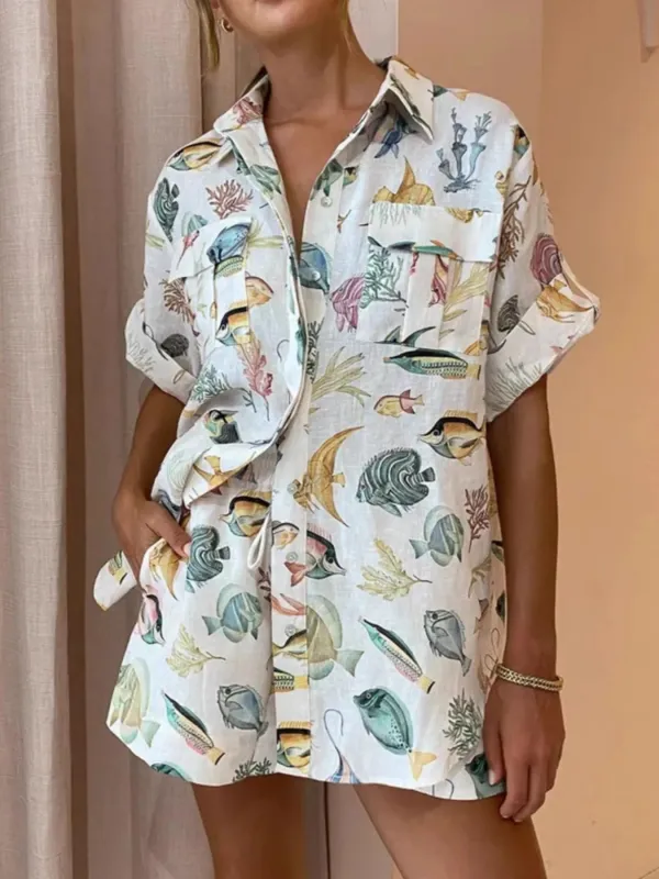 Printed Button Up Shirt and Shorts Set sold by Charming Charlie