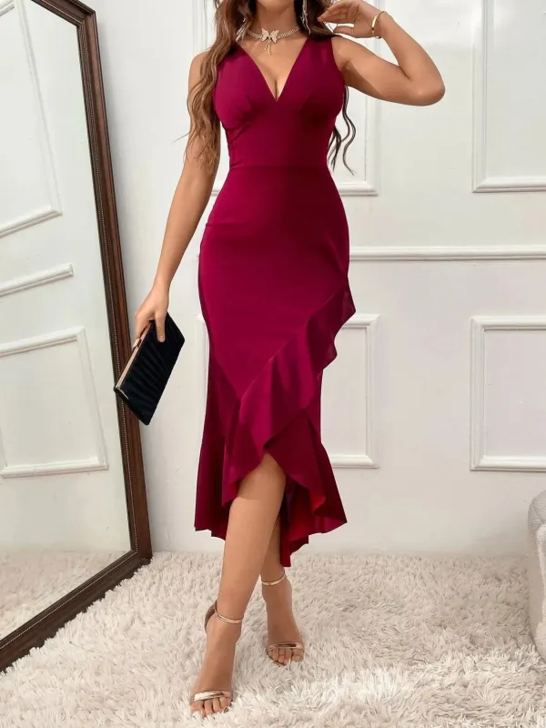 Ruffle Hem V-Neck Bodycon Dress sold by Charming Charlie