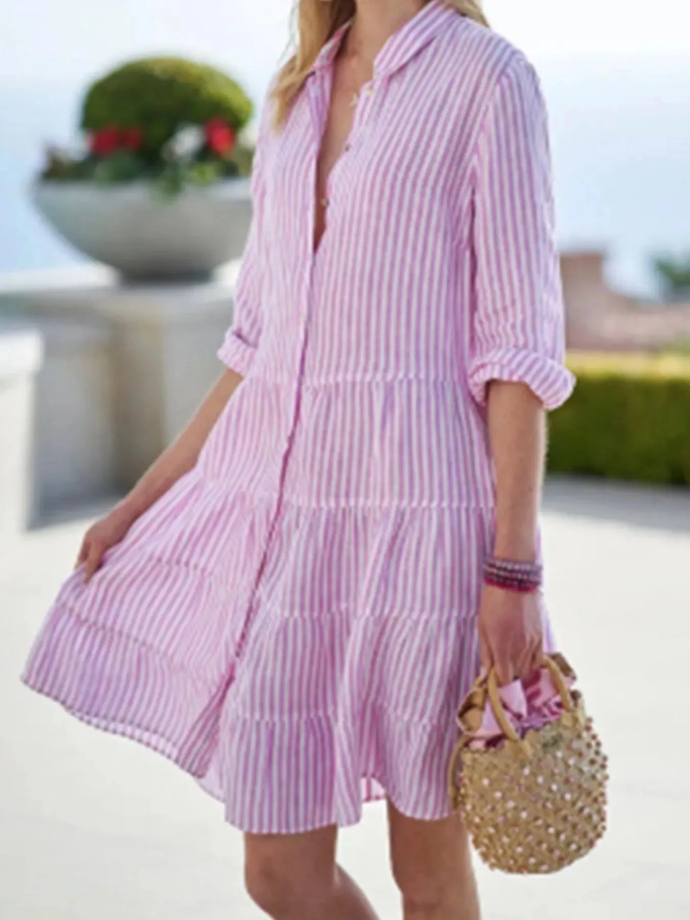 Full Size Striped Button-Down Shirt Dress with Tiered Ruffle Hem Plus Size sold by Charming Charlie product image thumbnail 3