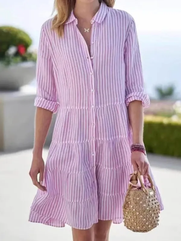 Full Size Striped Button-Down Shirt Dress with Tiered Ruffle Hem Plus Size sold by Charming Charlie