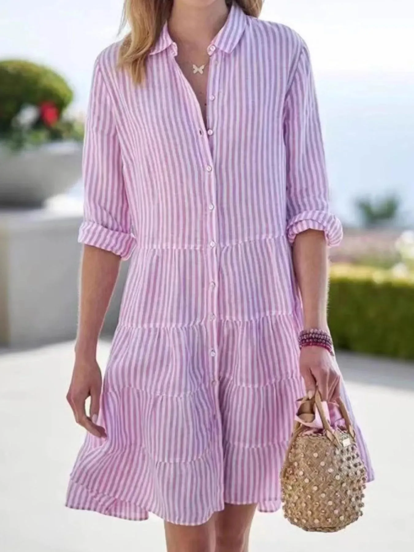 Full Size Striped Button-Down Shirt Dress with Tiered Ruffle Hem Plus Size sold by Charming Charlie