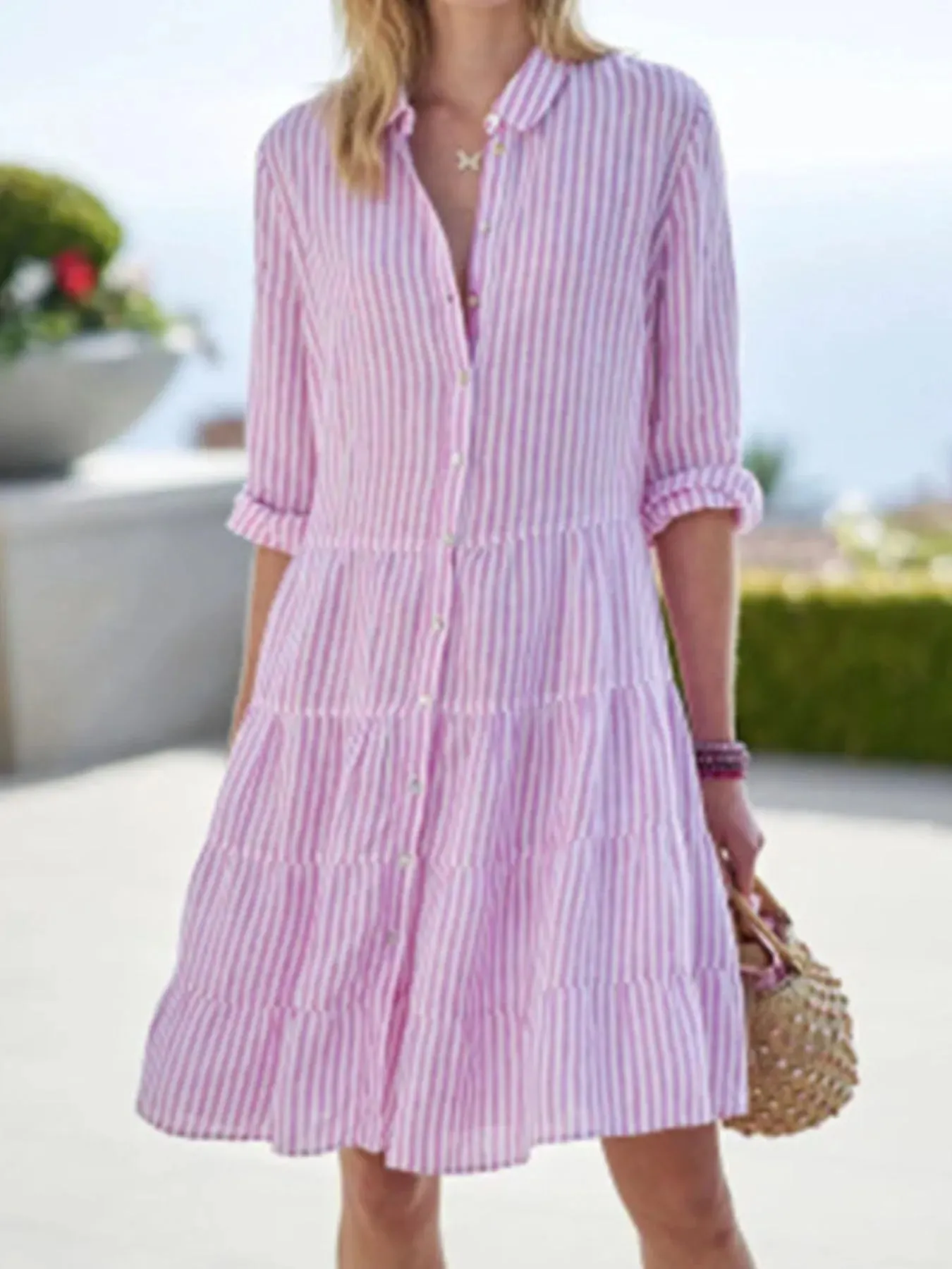 Full Size Striped Button-Down Shirt Dress with Tiered Ruffle Hem Plus Size sold by Charming Charlie product image thumbnail 2