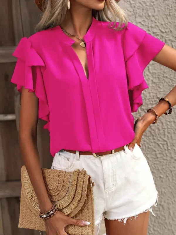 Ruffle Sleeve Notched Blouse sold by Charming Charlie