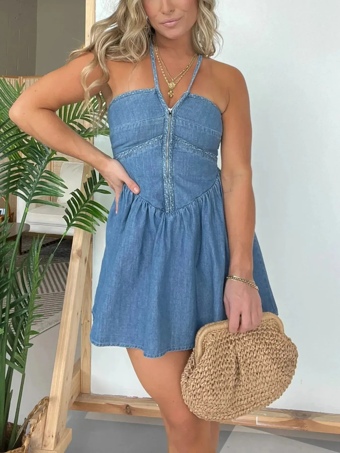 Full Size Lace Up Halter Neck Denim Dress Plus Size sold by Charming Charlie