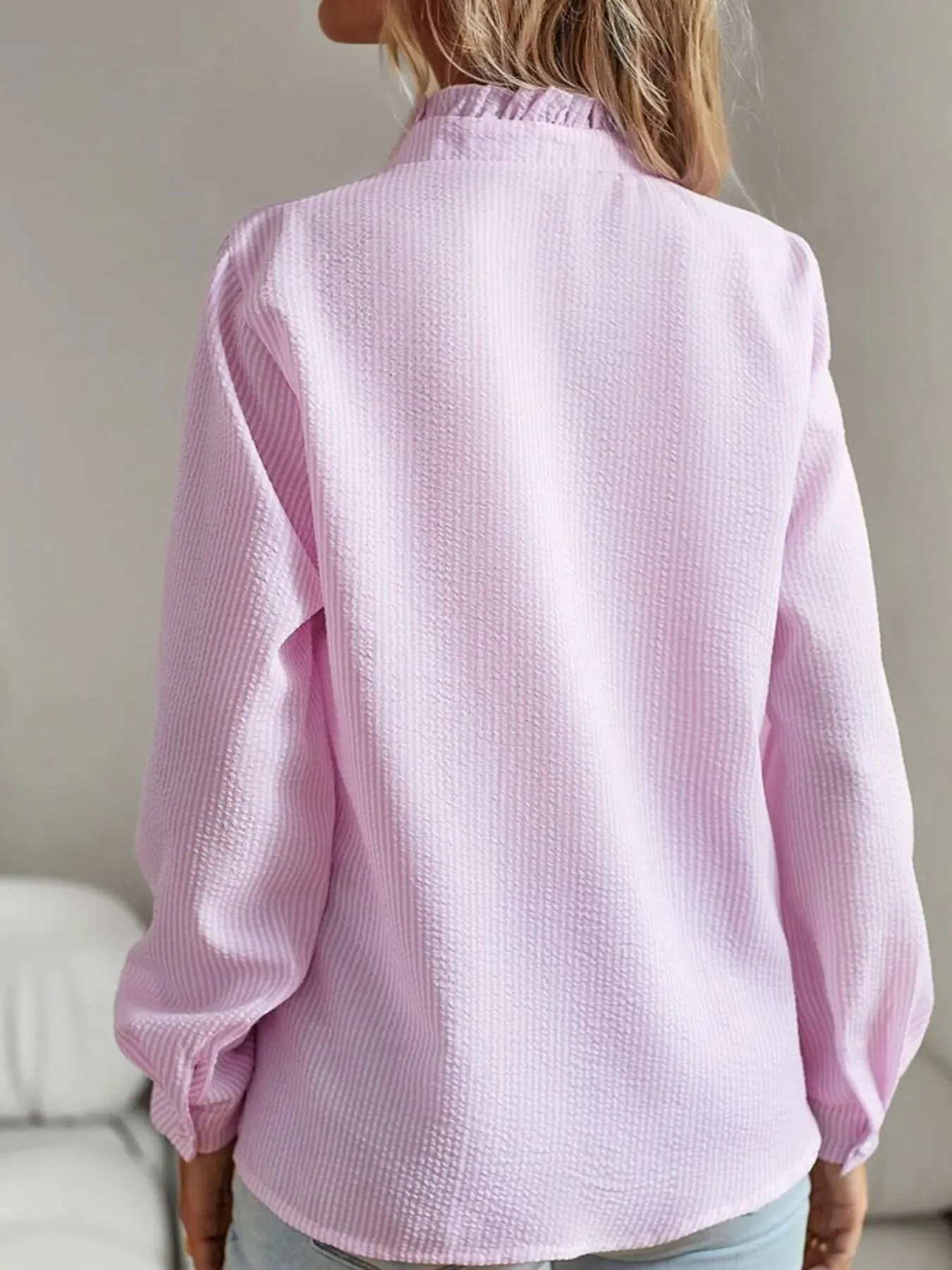 Striped Ruffle Detail Button-Up Blouse sold by Charming Charlie product image thumbnail 4