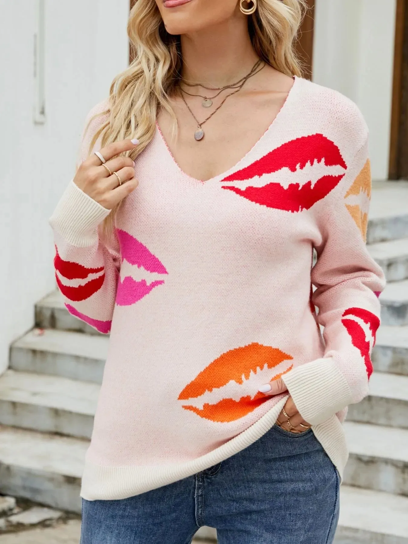 Colorful Lips V-Neck Sweater sold by Charming Charlie product image thumbnail 2