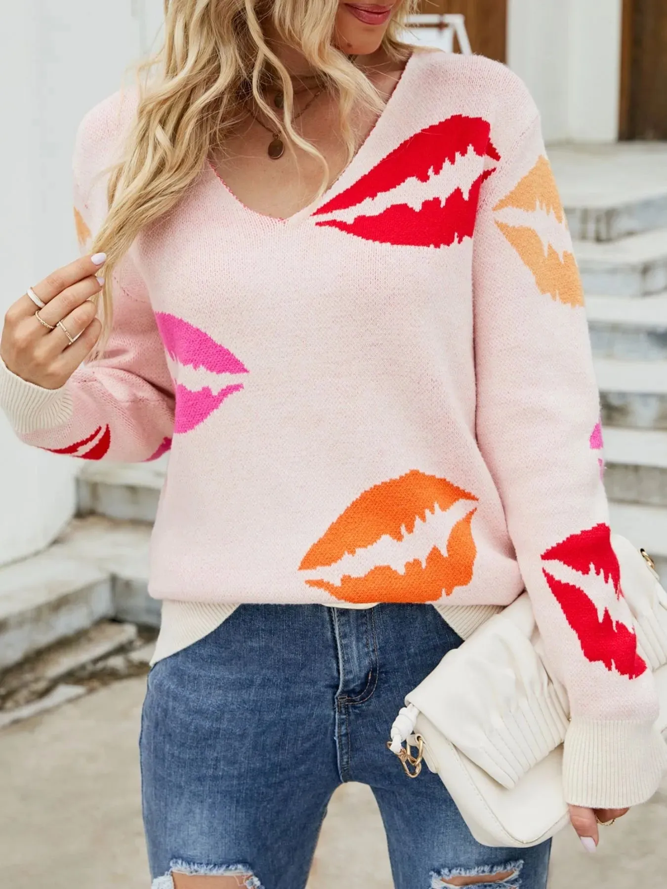 Colorful Lips V-Neck Sweater sold by Charming Charlie