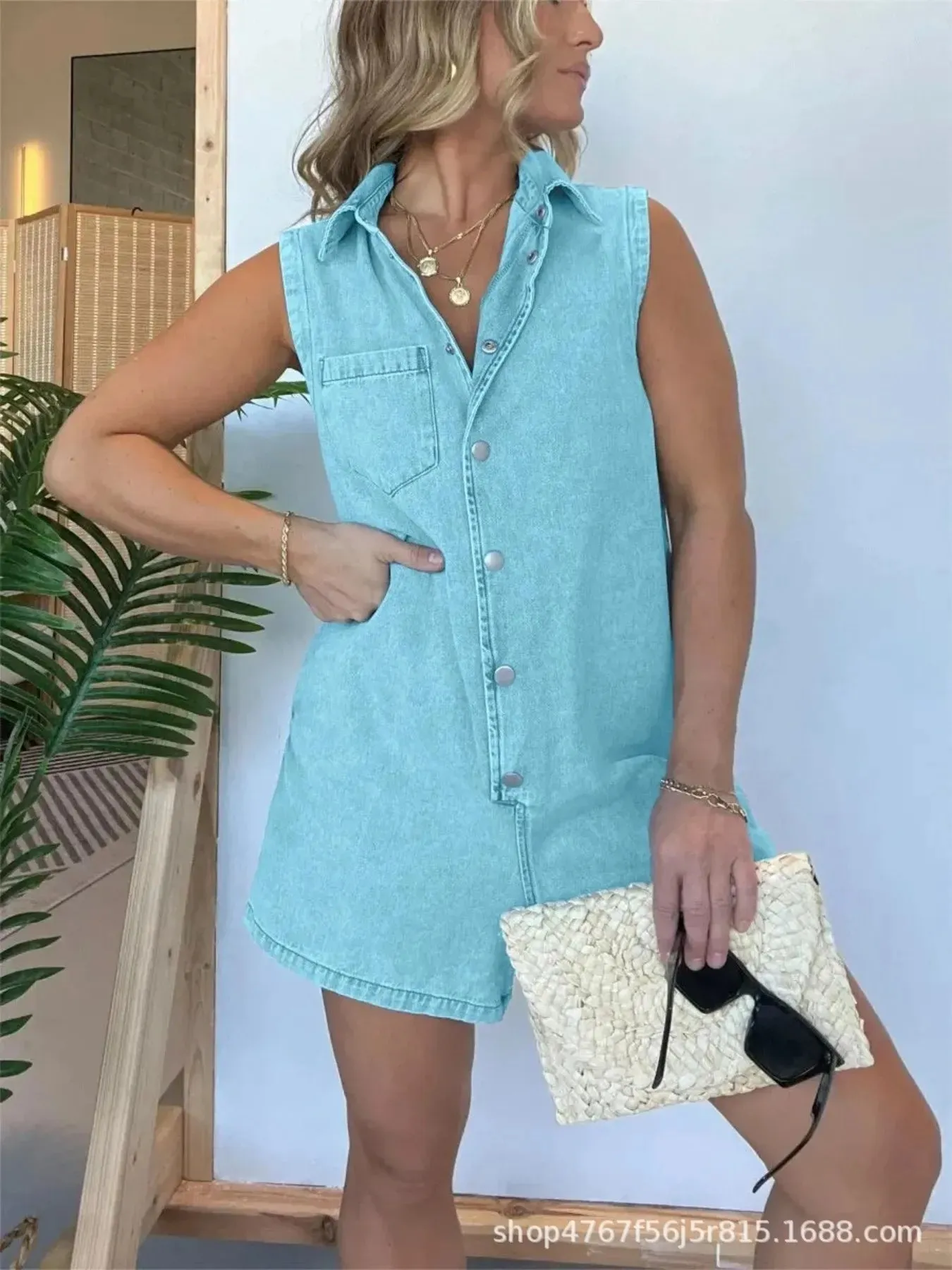 Button Front Sleeveless Denim Romper sold by Charming Charlie product image thumbnail 2