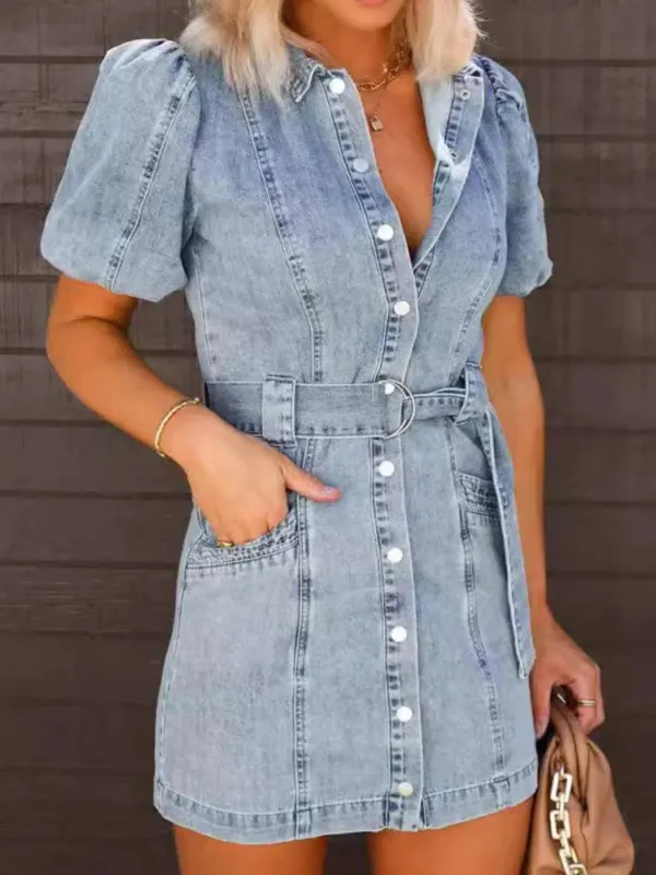 Button-Up Puff Sleeve Denim Shirt Dress sold by Charming Charlie