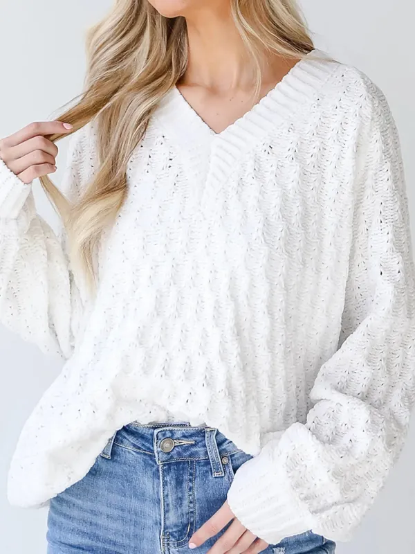 Textured Knit Ribbed Edge V Neck Loose Sweater sold by Charming Charlie