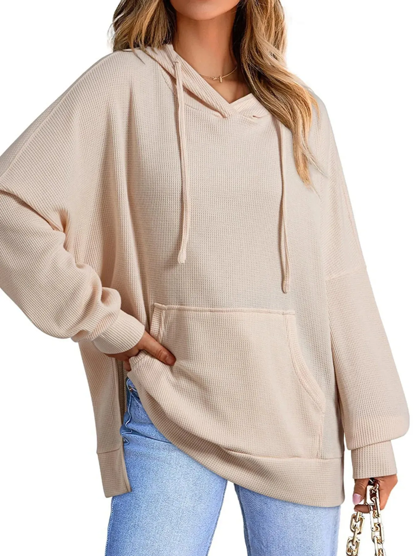 Slit Drawstring Waffle Knit Hoodie sold by Charming Charlie