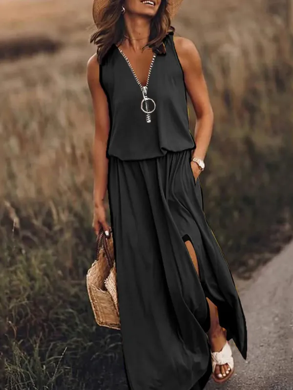 Full Size Half Zip Sleeveless Maxi Dress with Side Slit Plus Size sold by Charming Charlie