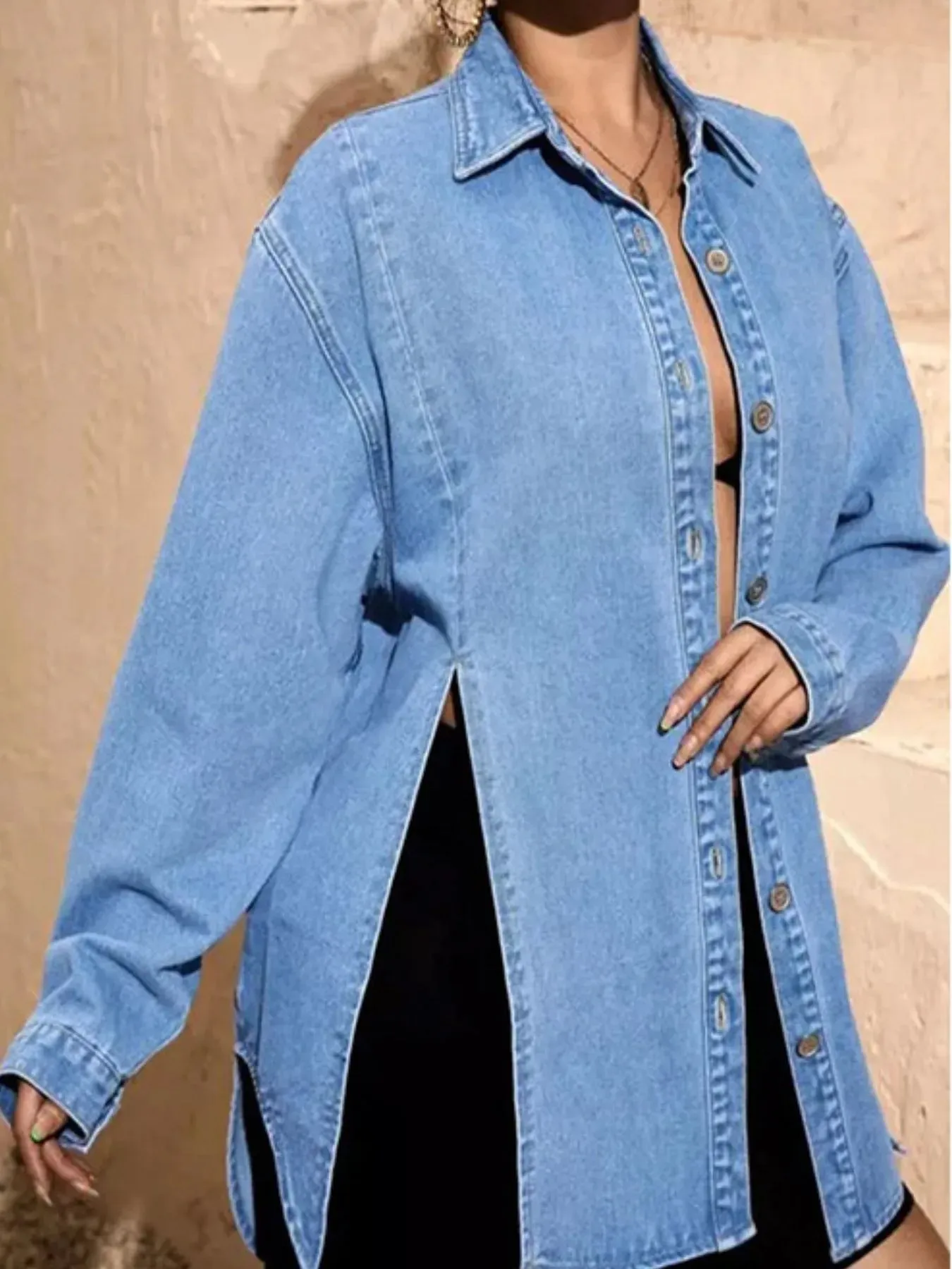 Slit Button Up Denim Shirt sold by Charming Charlie product image thumbnail 4
