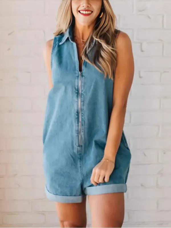 Zip Front Sleeveless Denim Romper sold by Charming Charlie