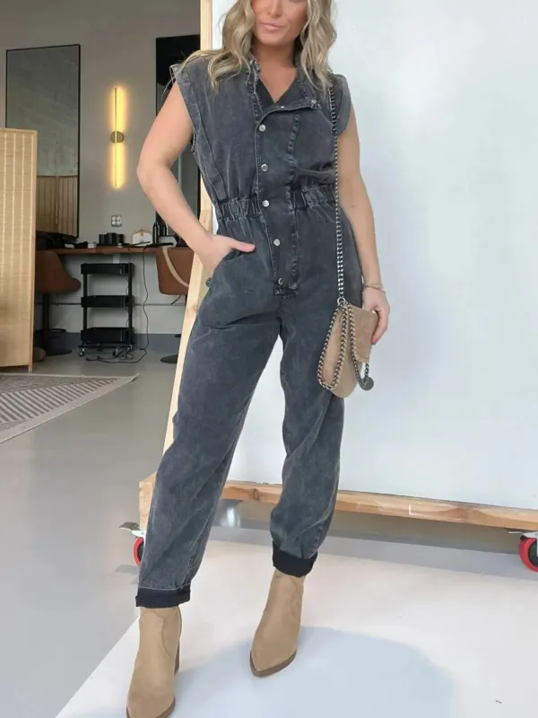 Full Size Button Front Cap Sleeve Denim Jumpsuit Plus Size sold by Charming Charlie