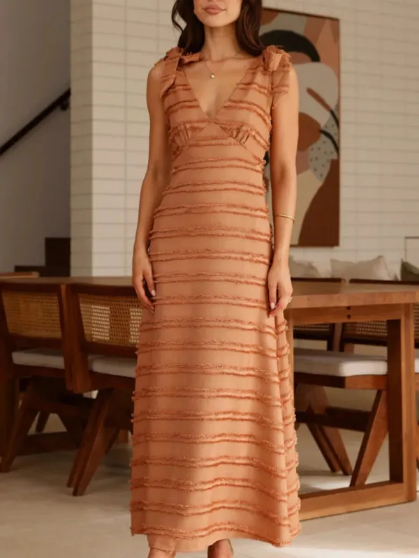 Striped V-Neck Tie Shoulder Maxi Dress sold by Charming Charlie