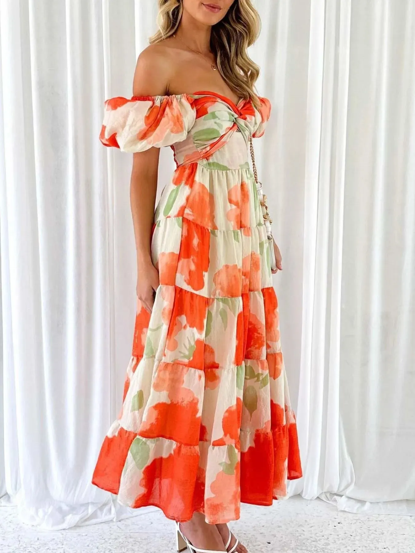 Off-Shoulder Floral Tiered Dress with Ruffle Details sold by Charming Charlie product image thumbnail 3