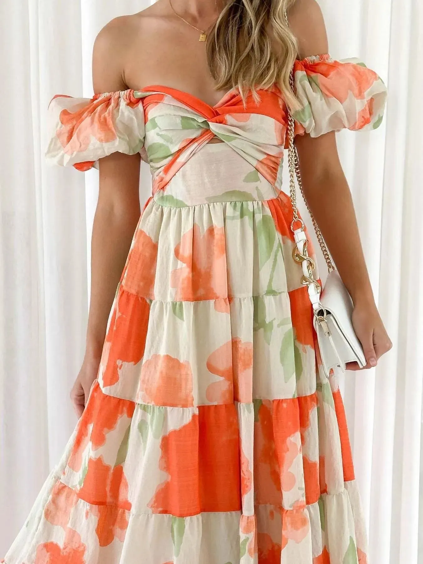 Off-Shoulder Floral Tiered Dress with Ruffle Details sold by Charming Charlie product image thumbnail 4