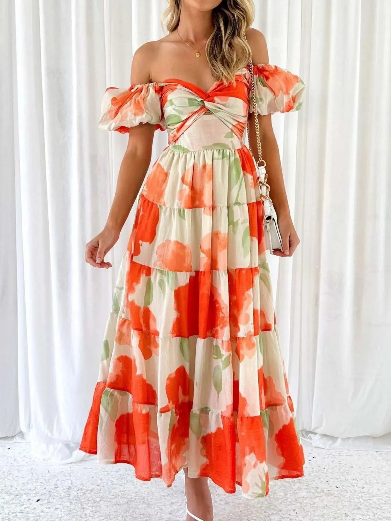 Off-Shoulder Floral Tiered Dress with Ruffle Details sold by Charming Charlie