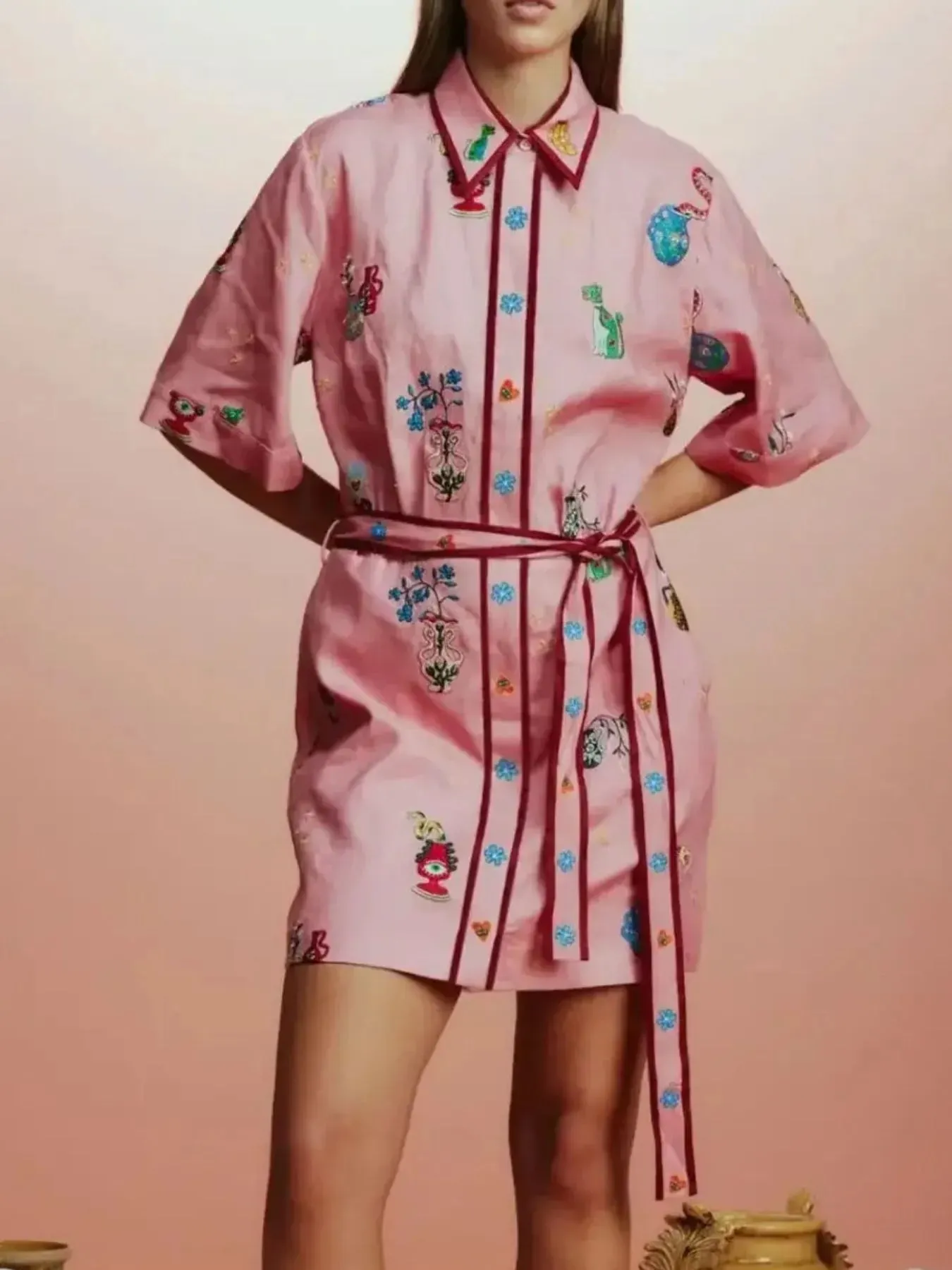 Printed Tie Waist Half Sleeve Shirt Dress sold by Charming Charlie product image thumbnail 3