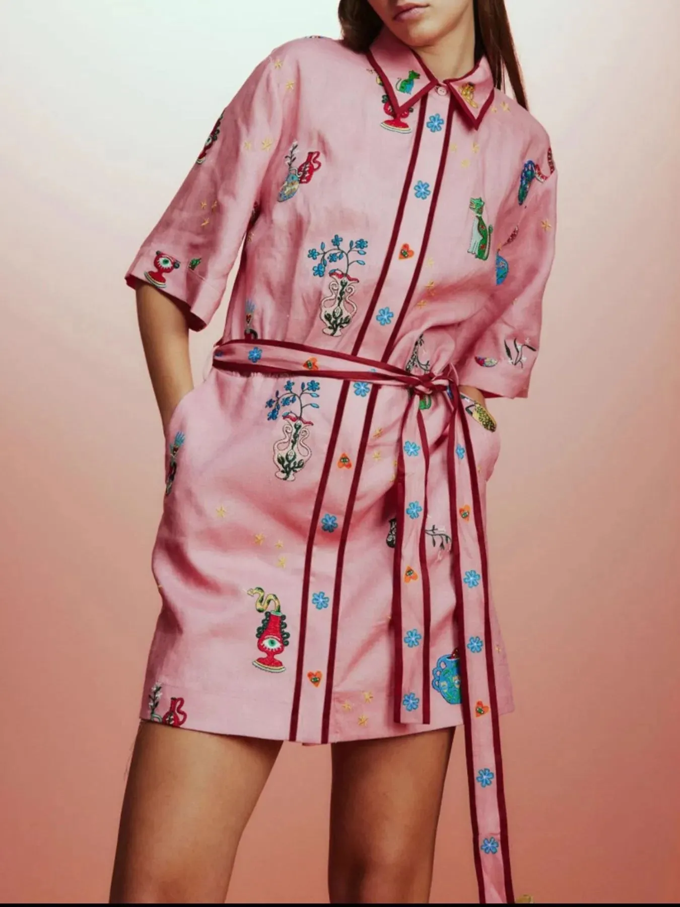 Printed Tie Waist Half Sleeve Shirt Dress sold by Charming Charlie