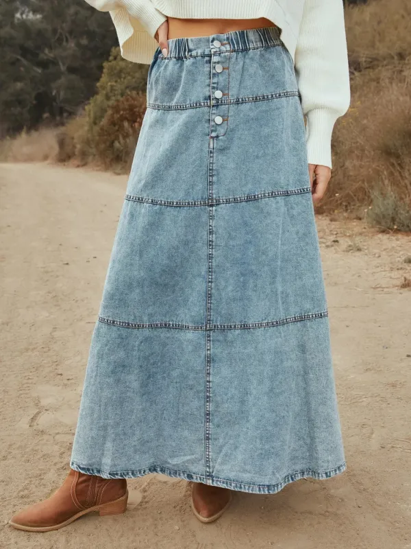 Button-Front Tiered Maxi Denim Skirt sold by Charming Charlie