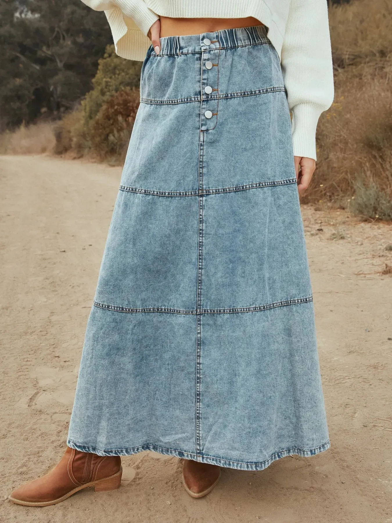 Button-Front Tiered Maxi Denim Skirt sold by Charming Charlie