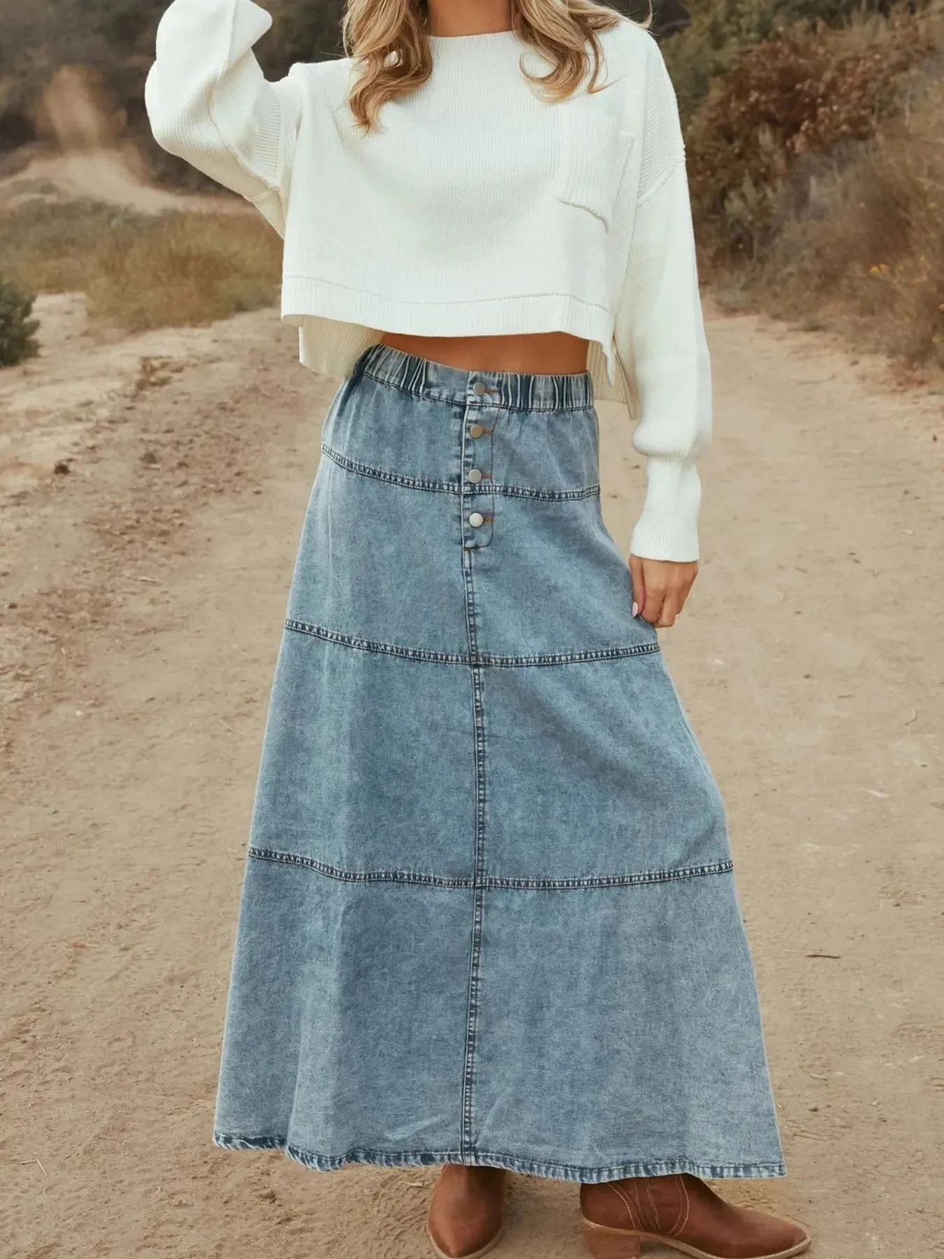 Button-Front Tiered Maxi Denim Skirt sold by Charming Charlie product image thumbnail 3