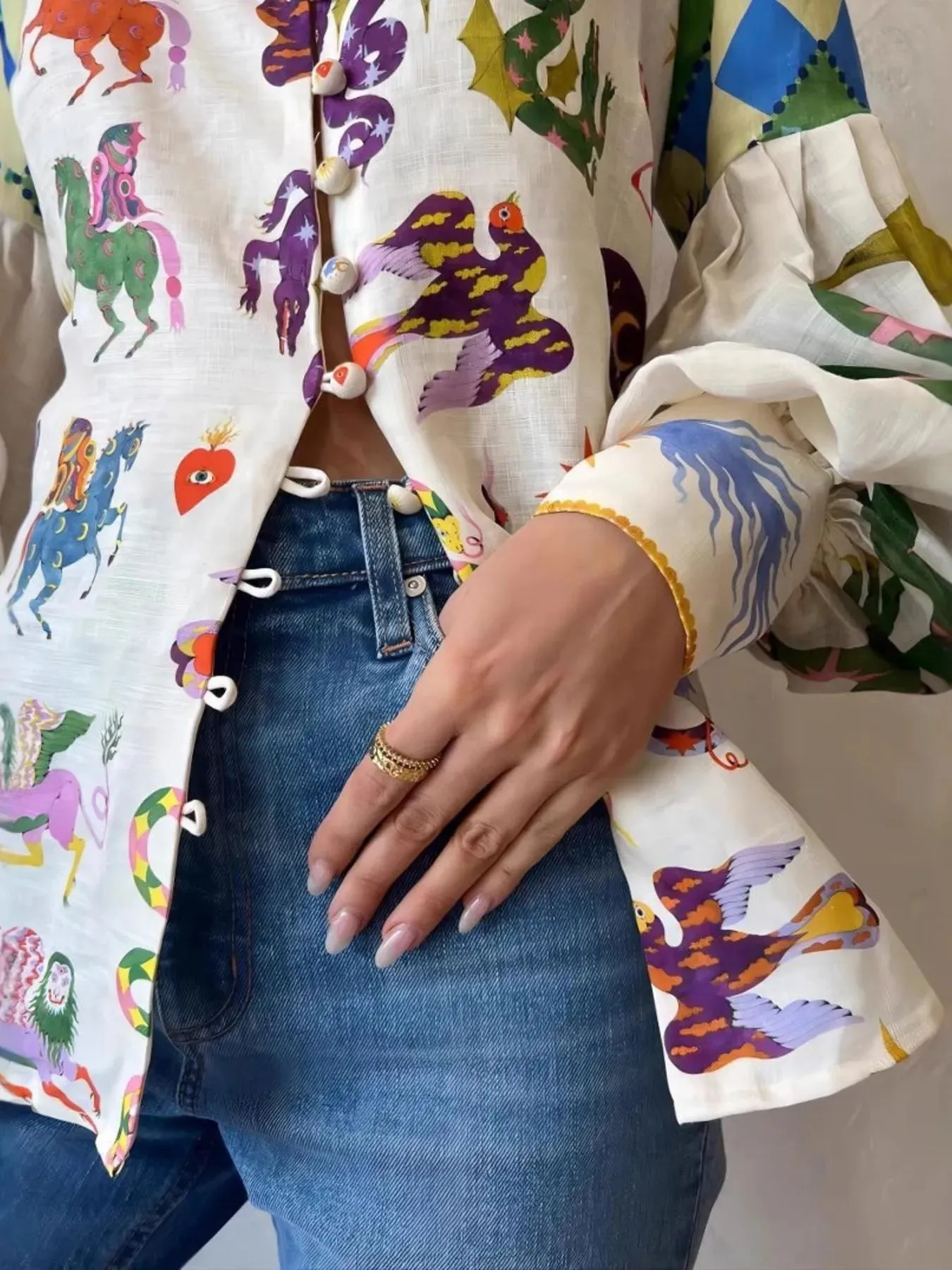 Printed Button Up Lantern Sleeve Shirt sold by Charming Charlie product image thumbnail 2