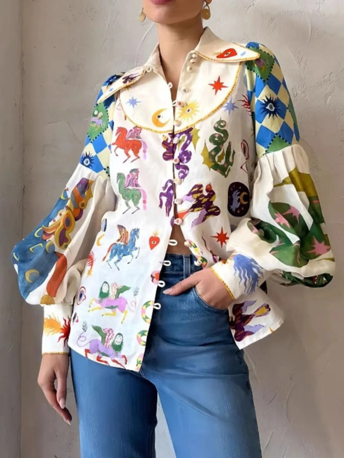 Printed Button Up Lantern Sleeve Shirt sold by Charming Charlie product image thumbnail 4