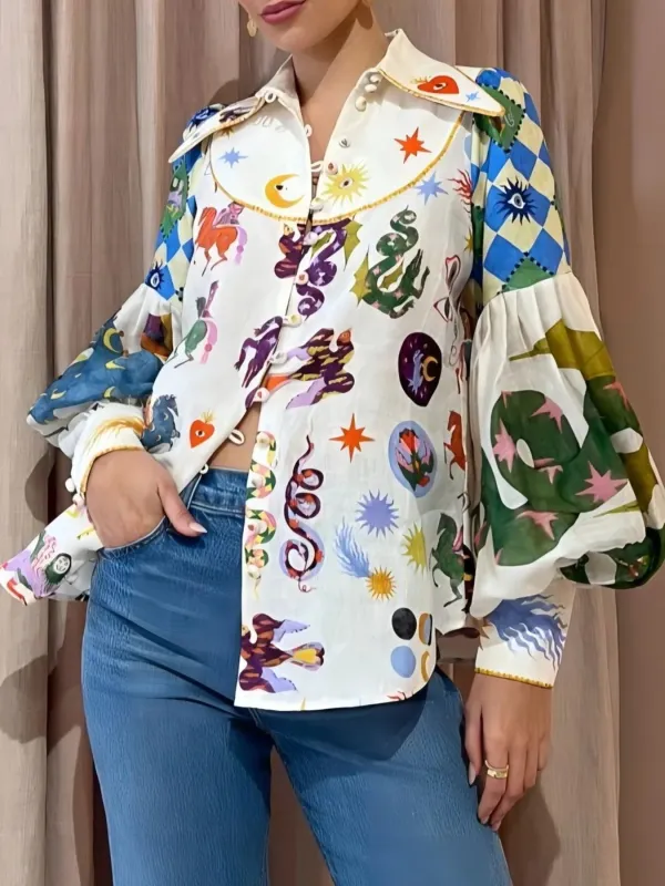 Printed Button Up Lantern Sleeve Shirt sold by Charming Charlie