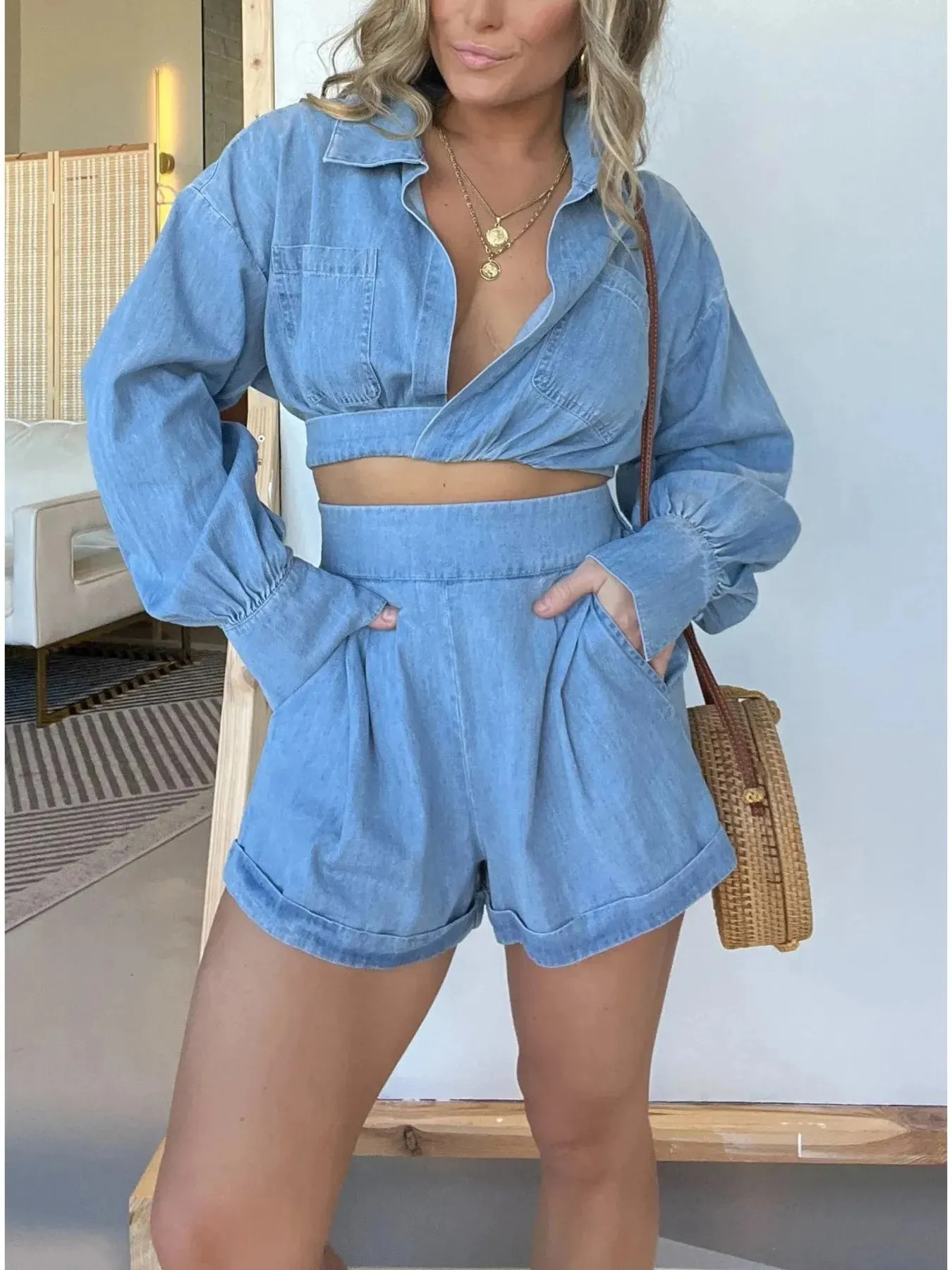 Full Size Long Sleeve Top and Shorts Denim Set Plus Size sold by Charming Charlie