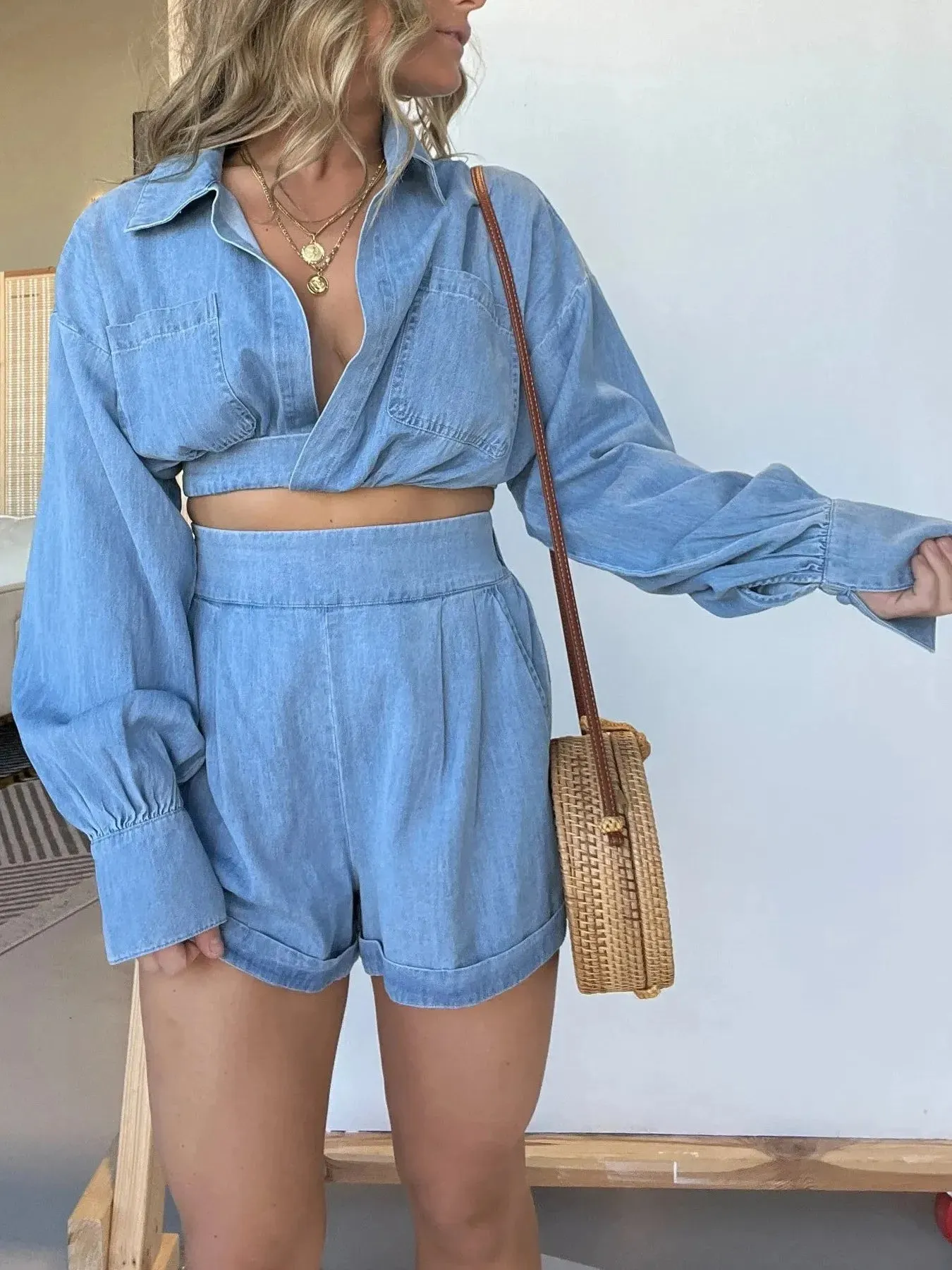 Full Size Long Sleeve Top and Shorts Denim Set Plus Size sold by Charming Charlie product image thumbnail 4